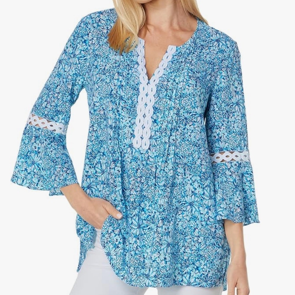 Lilly Pulitzer Hollie Tunic Dress in‎ Cumulus Blue Blooming Together - Size XS